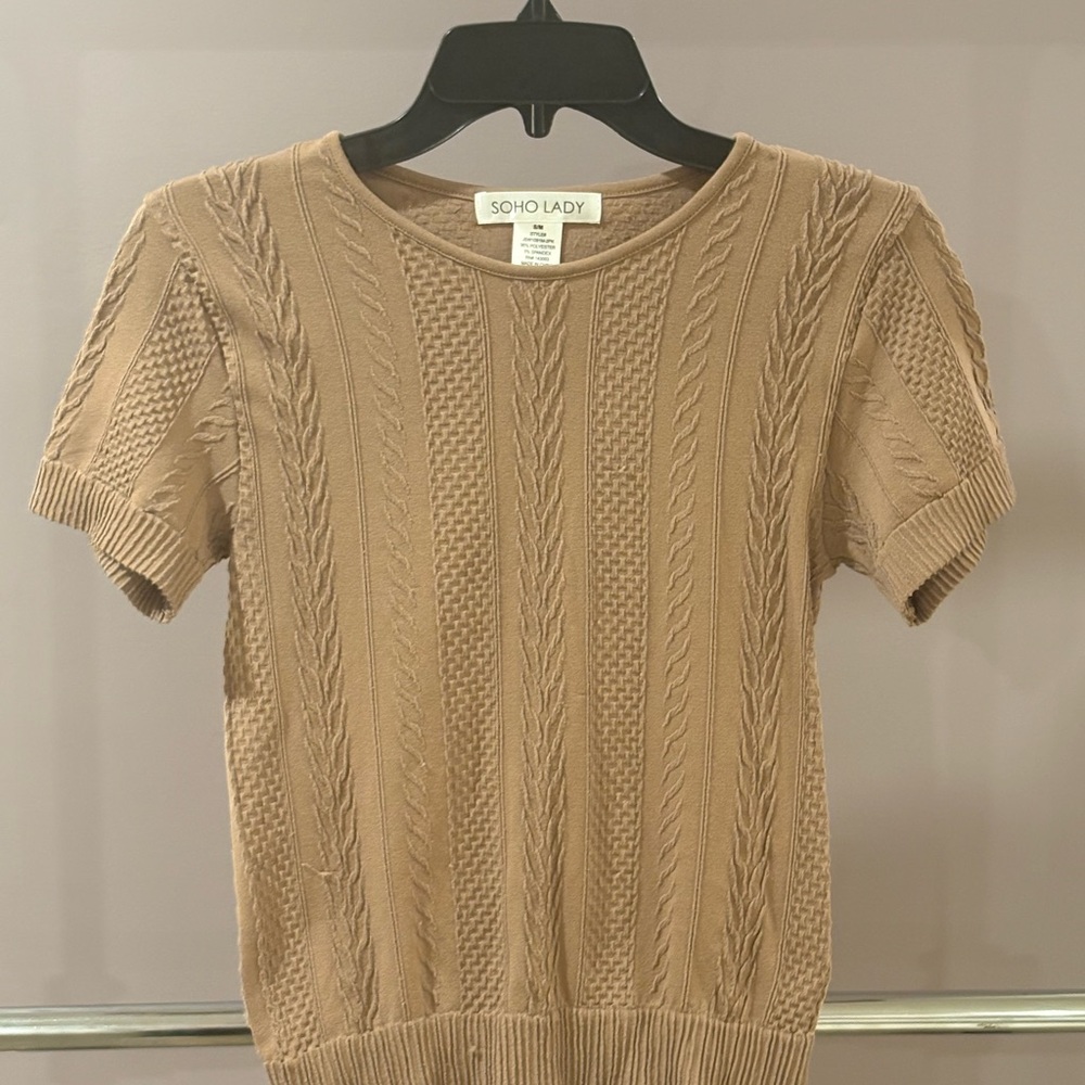 Tan Cable Knit Short Sleeve Top